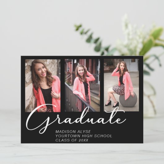 Elegant Script Afstuderen 3 Foto zwart Kaart (Staand voorkant)