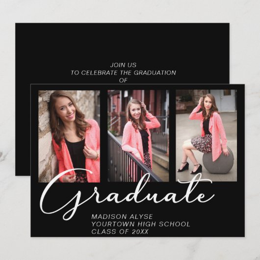Elegant Script Afstuderen 3 Foto zwart Kaart (Voorkant / Achterkant)