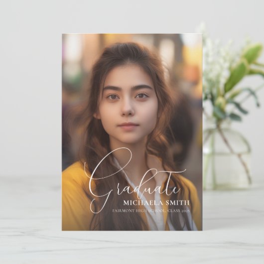 Elegant Script Afstuderen Afstuderen Foto Aankondiging (Staand voorkant)