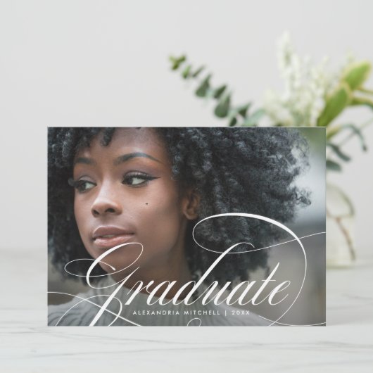 Elegant script Afstuderen | Foto Afstudeerder Part Kaart (Staand voorkant)