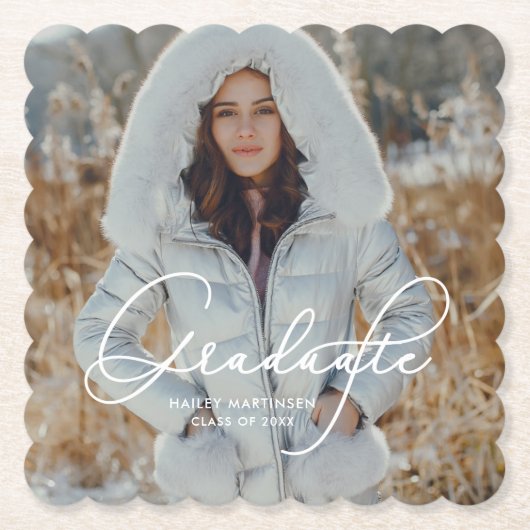 Elegant script Afstuderen foto en naam Kartonnen Onderzetters (Voorkant)