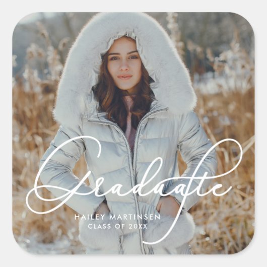 Elegant script Afstuderen foto en naam Vierkante Sticker (Voorkant)