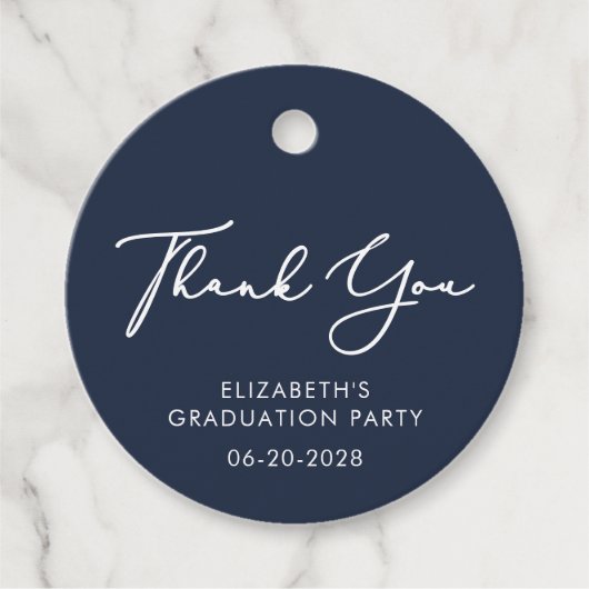 Elegant Script Afstuderen Party Blauw Dank u Bedankjes Labels (Voorkant)