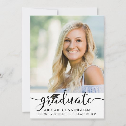 Elegant Script Afstuderen Pet Foto Zwart Wit Kaart (Voorkant)