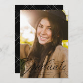 Elegant script afstuderen zwart verticaal afstuder aankondiging (Voorkant / Achterkant)