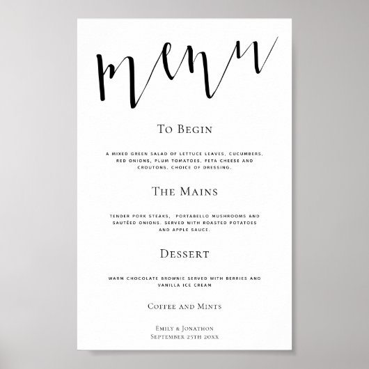 Elegant Script Any Color Wedding Menu Poster (Voorkant)