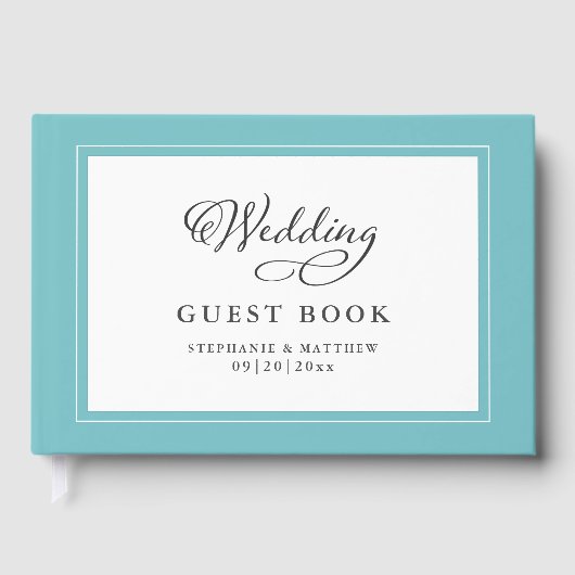 Elegant Script Aqua Trouwboekje Chic Rand Gastenboek (Voorkant)