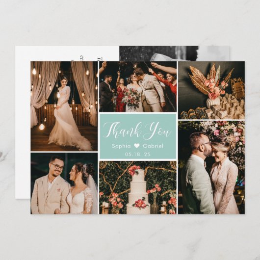 Elegant Script Aqua Wedding Multi Photo Collage Bedankkaart (Voorkant / Achterkant)