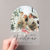 Elegant Script | Arch Family Photo Christmas Card Acryl Uitnodigingen (Insitu (Draagbaar))