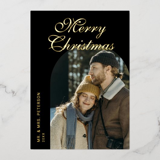 Elegant Script Arch Newlyweds Photo Black Gold Folie Feestdagenkaart (Voorkant)