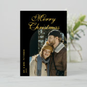 Elegant Script Arch Newlyweds Photo Black Gold Folie Feestdagenkaart (Staand Voorkant)