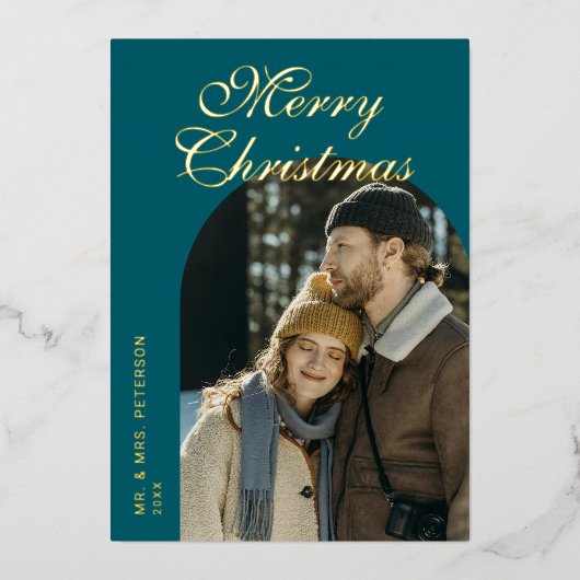 Elegant Script Arch Newlyweds Photo Teal Gold Folie Feestdagenkaart (Voorkant)