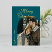 Elegant Script Arch Newlyweds Photo Teal Gold Folie Feestdagenkaart (Staand Voorkant)
