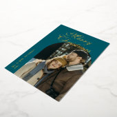 Elegant Script Arch Newlyweds Photo Teal Gold Folie Feestdagenkaart (Gedraaid)