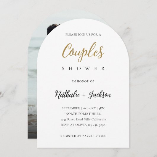 Elegant Script Arch Photo Couples Bridal Shower Kaart (Voorkant / Achterkant)