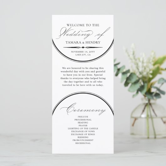 Elegant Script Arches Wit Huwelijksprogramma (Staand voorkant)