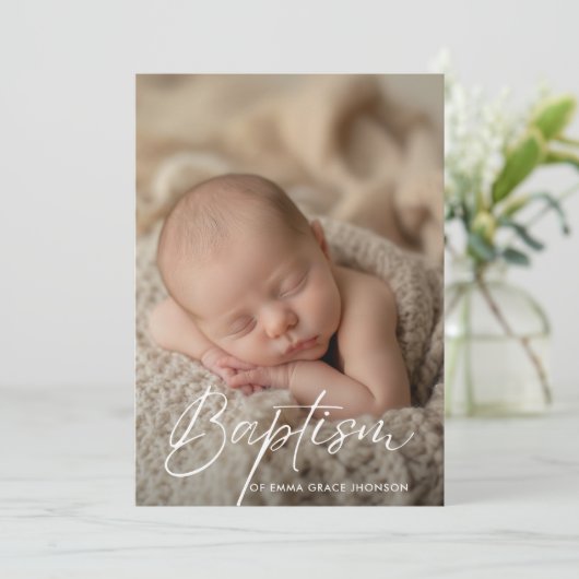 Elegant script Baby Boy Girl Doop Foto Goud Kaart (Staand voorkant)