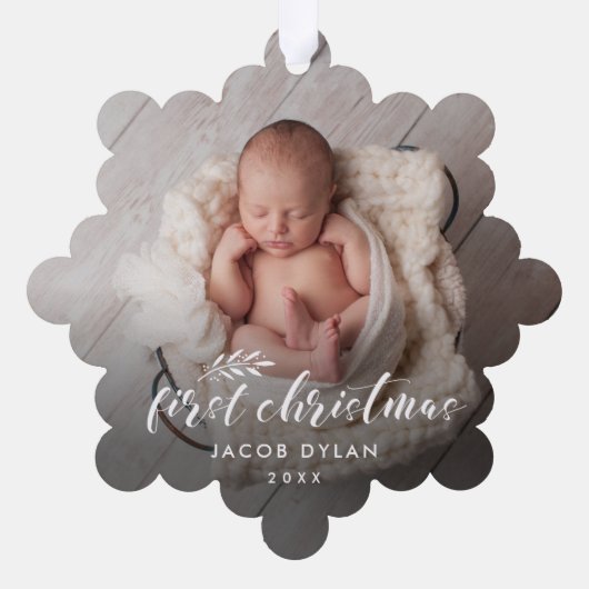 Elegant Script Baby Eerste Kerstmis 2 Foto Ornament Kaart (Achterkant)