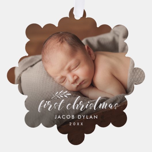 Elegant Script Baby Eerste Kerstmis 2 Foto Ornament Kaart (Voorkant)
