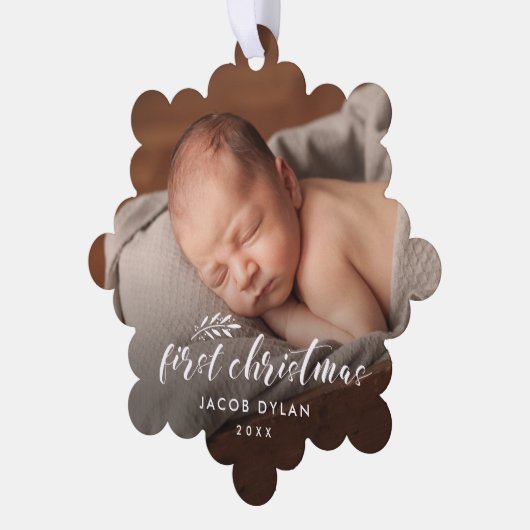 Elegant Script Baby Eerste Kerstmis 2 Foto Ornament Kaart (Links)