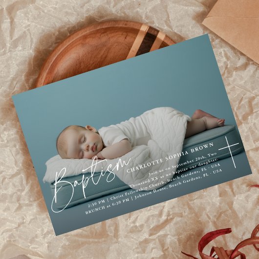 Elegant Script Baby Foto Katholieke Doop Kaart