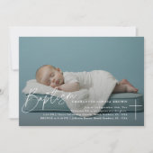 Elegant Script Baby Foto Katholieke Doop Kaart (Voorkant)