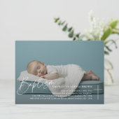 Elegant Script Baby Foto Katholieke Doop Kaart (Staand voorkant)