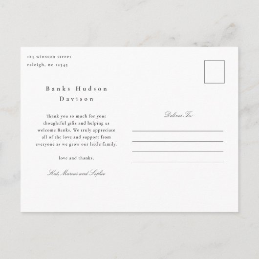 Elegant Script Baby Fotoaankondiging Bedankt Briefkaart (Achterkant)