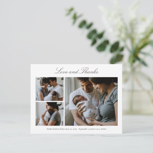 Elegant Script Baby Fotoaankondiging Bedankt Briefkaart (Staand voorkant)
