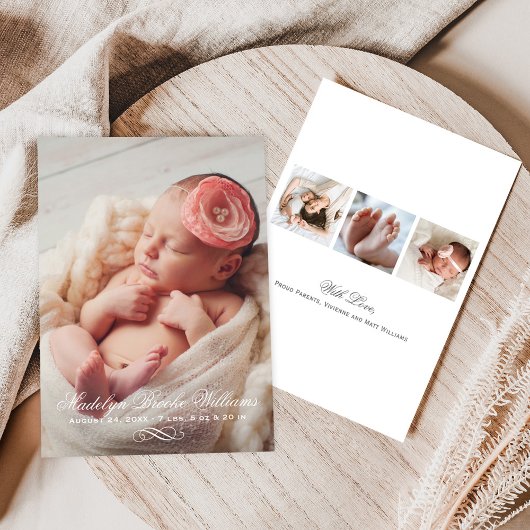 Elegant Script Baby Meisje Multi Foto Geboorte Aankondiging