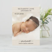 Elegant Script Baby Photo Birth Announcement Card Bedankkaart (Staand voorkant)