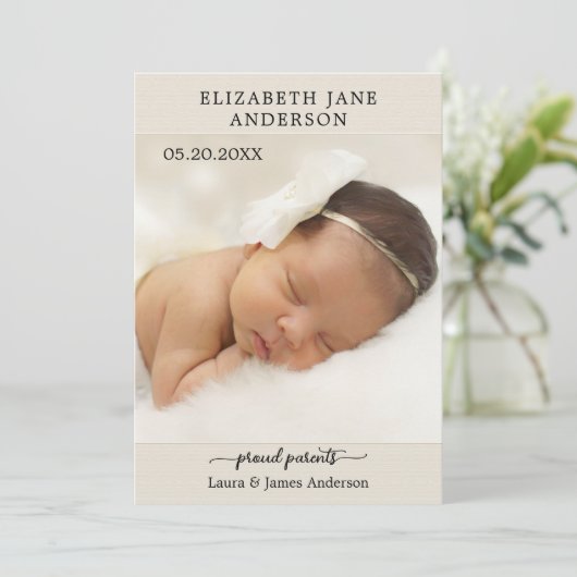 Elegant Script Baby Photo Birth Announcement Card Bedankkaart (Staand voorkant)