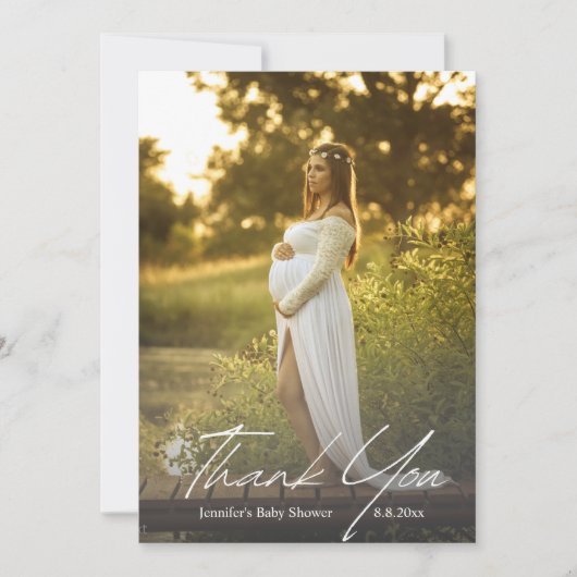 Elegant script baby shower minimalistische foto bedankkaart (Voorkant)