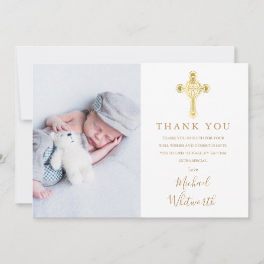 Elegant Script Baptisme Gold Cross Foto Bedankkaart (Voorkant)