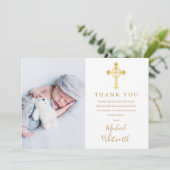 Elegant Script Baptisme Gold Cross Foto Bedankkaart (Staand voorkant)