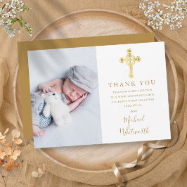 Elegant Script Baptisme Gold Cross Foto Bedankkaart