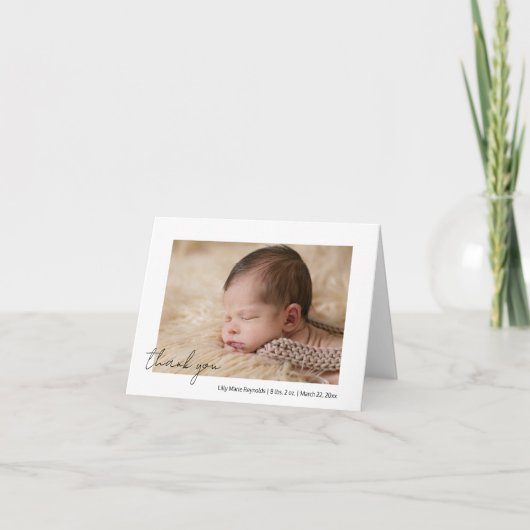 Elegant Script Bedankt Foto geboorteaankondiging (Voorkant)
