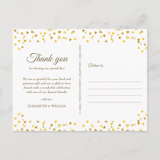 Elegant script bedankt Gold Love Hearts Confetti Briefkaart (Achterkant)