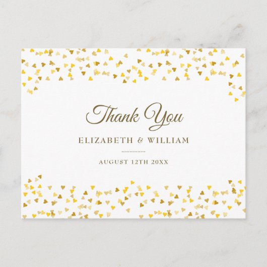 Elegant script bedankt Gold Love Hearts Confetti Briefkaart (Voorkant)