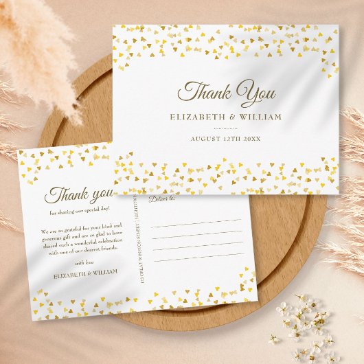 Elegant script bedankt Gold Love Hearts Confetti Briefkaart