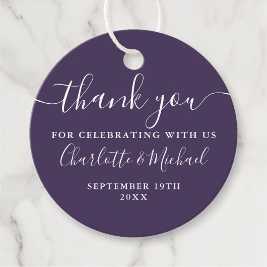 Elegant Script Bedankt Paarse Bruiloft Bedankjes Labels (Voorkant)
