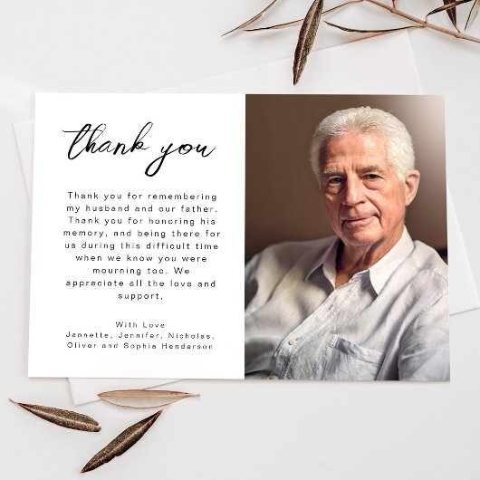 Elegant script begrafenisfoto bedankkaart