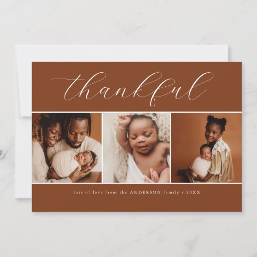 Elegant Script Beige 3 Photo Thankful Thanksgiving Feestdagenkaart (Voorkant)