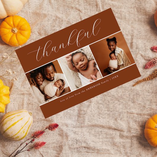 Elegant Script Beige 3 Photo Thankful Thanksgiving Feestdagenkaart