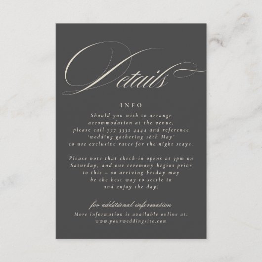 Elegant script beige houtskool formeel de bruiloft informatiekaartje (Voorkant)