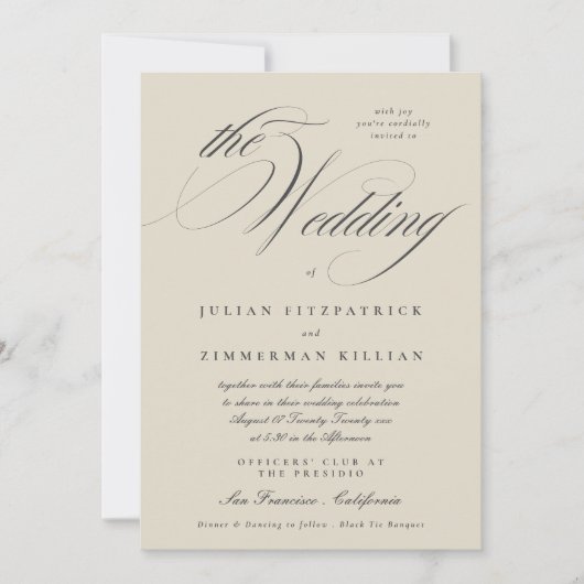 Elegant script beige houtskool formeel de bruiloft kaart (Voorkant)