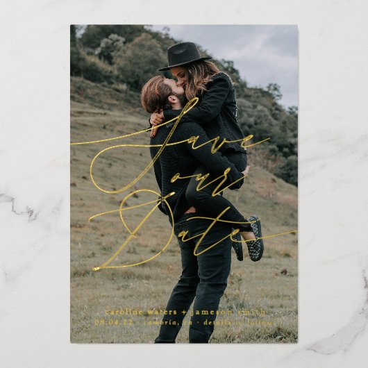 Elegant Script Bewaar de datum Folie Uitnodiging (Voorkant)