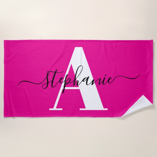 Elegant script Big Monogram Hot Pink Strandlaken (Voorkant)