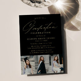 Elegant Script Black 3 Foto Afstudeerfeest Folie Uitnodiging