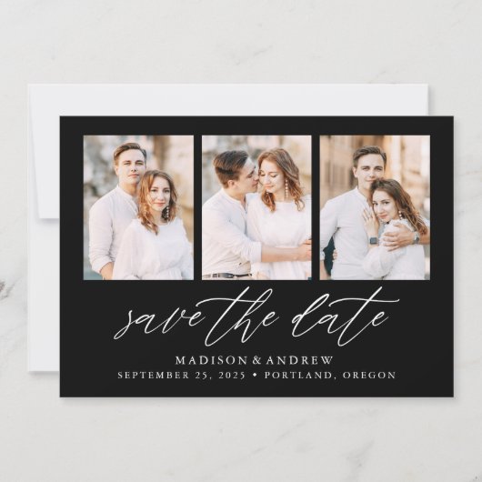 Elegant Script Black 3 Photo Collage Save The Date (Voorkant)